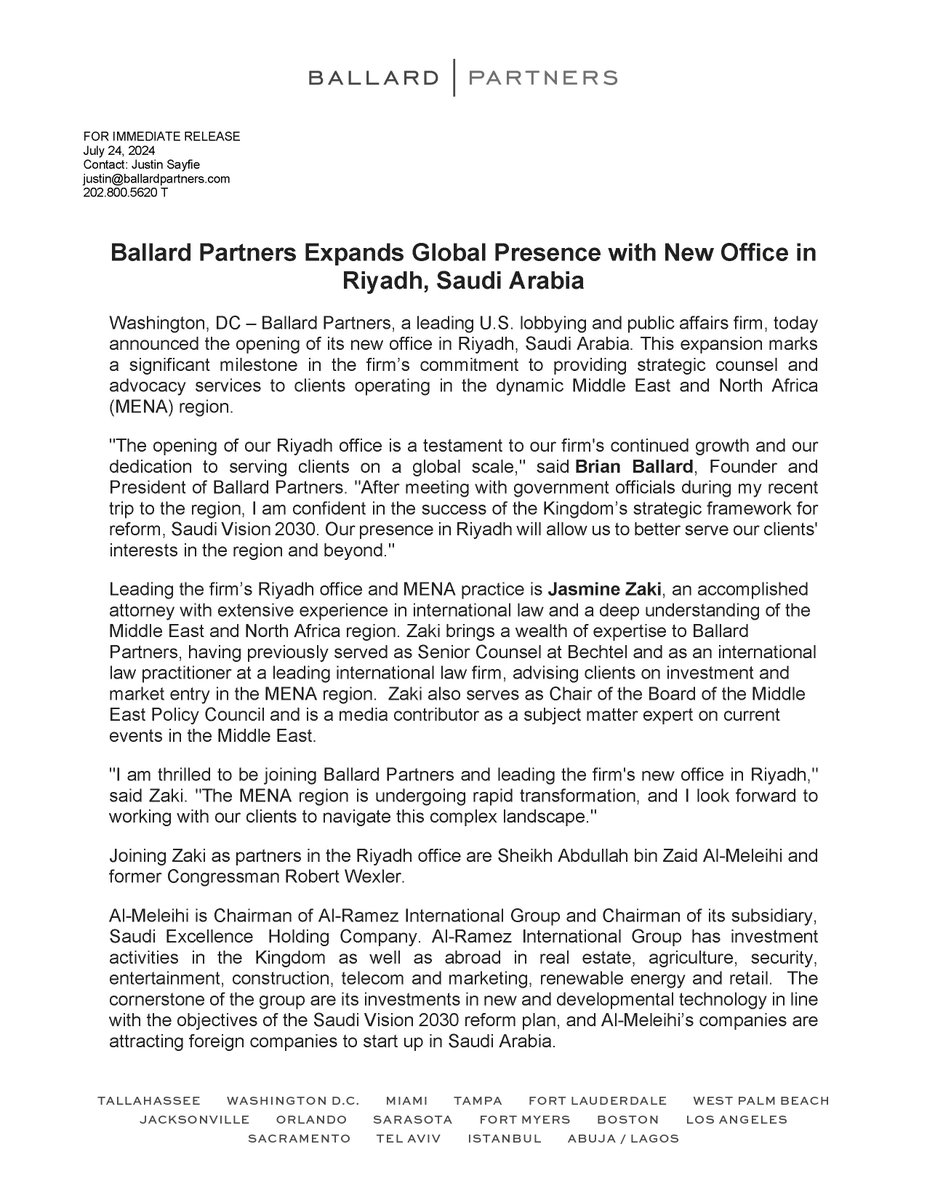 BallardFirm's tweet photo. Ballard Partners Expands Global Presence with New Office in Riyadh, Saudi Arabia https://t.co/unODVuRANl