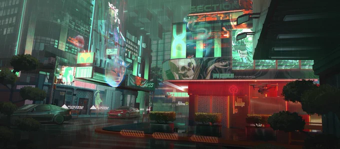 Two sleek cars are driving out of a late night cityscape, glistening from a light rain. Lights are low with a blue hue, but storefront signs shine with a neon brightness. Far right, is a drone flying low over the sidewalk of a closed building that still mask its area with a deep red light. Above it, is a skull and snake design plastered on a billboard.