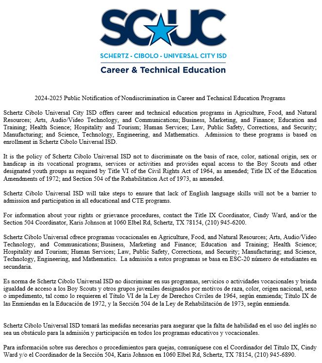 2024-2025 Public Notification of Nondiscrimination in Career and Technical Education Programs