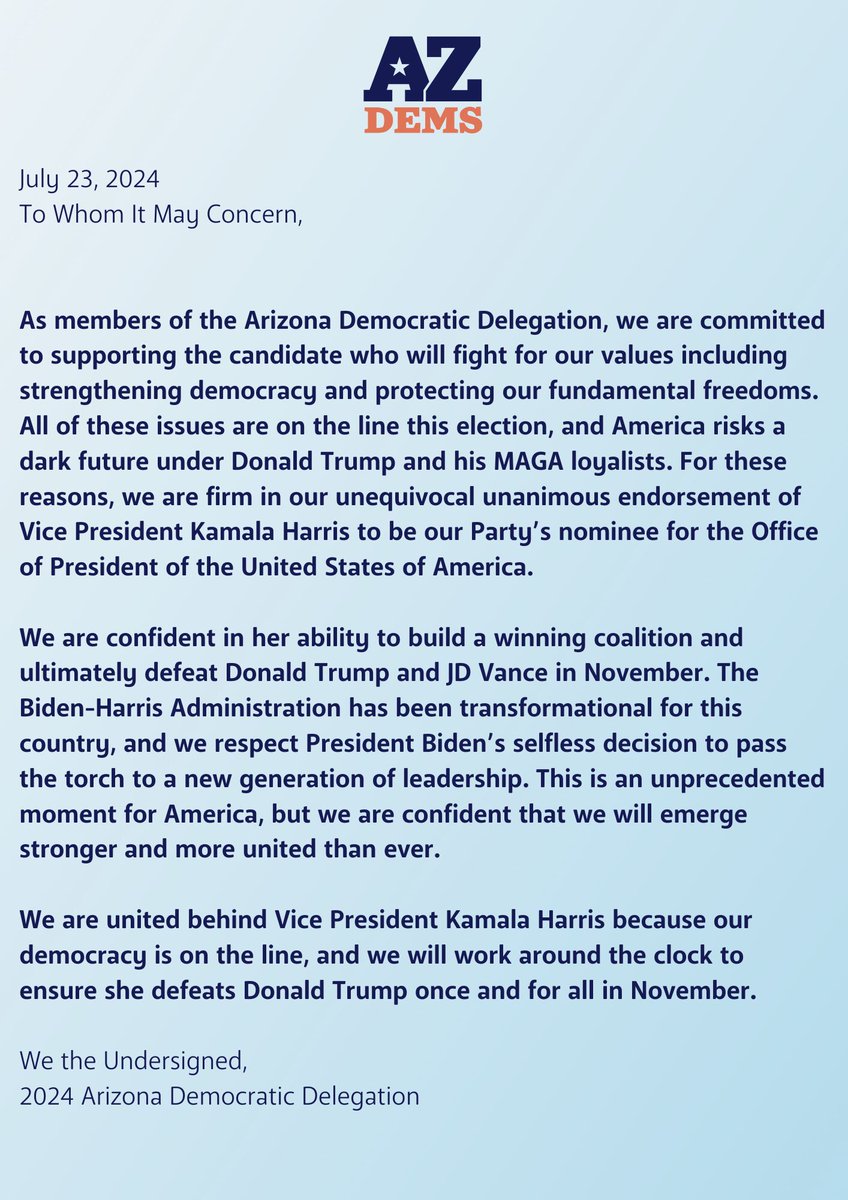 Today, all 91 members of the Arizona Democratic Party’s 2024 Delegation formally pledged their support of VP Kamala Harris’ bid to become the democratic nominee for President.

Read Chairwoman <a href="/yolitorosentado/">Yolanda Bejarano</a> statement and the delegates letter here: azdem.org/arizona-democr…