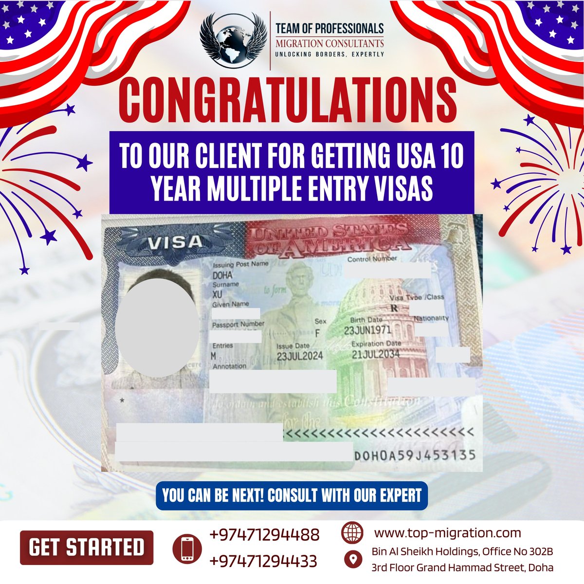 topmconsultants's tweet image. 🎉 Congratulations to Our Client for Securing a USA 10-Year Multiple Entry Visa! 🎉 You Can Be Next!

Consult with Our Experts Today and Start Your Journey to the USA!

📞 Contact Us: +974 7129 4488 | +974 7129 4433

#USAVisa #VisaSuccess #TopMigration #ConsultWithExperts