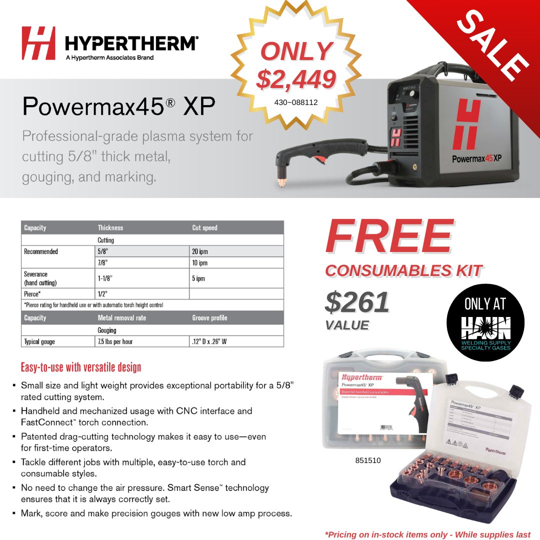 TheHaunEdge's tweet image. Hurry! Grab them before they sell out!

This exclusive offer is available ONLY at your nearest Haun Welding Supply store.

haunweldingsupply.com/locations/

#HAUNWELDINGSUPPLY #HYPERTHERM #POWERMAX #POWERMAX45XP