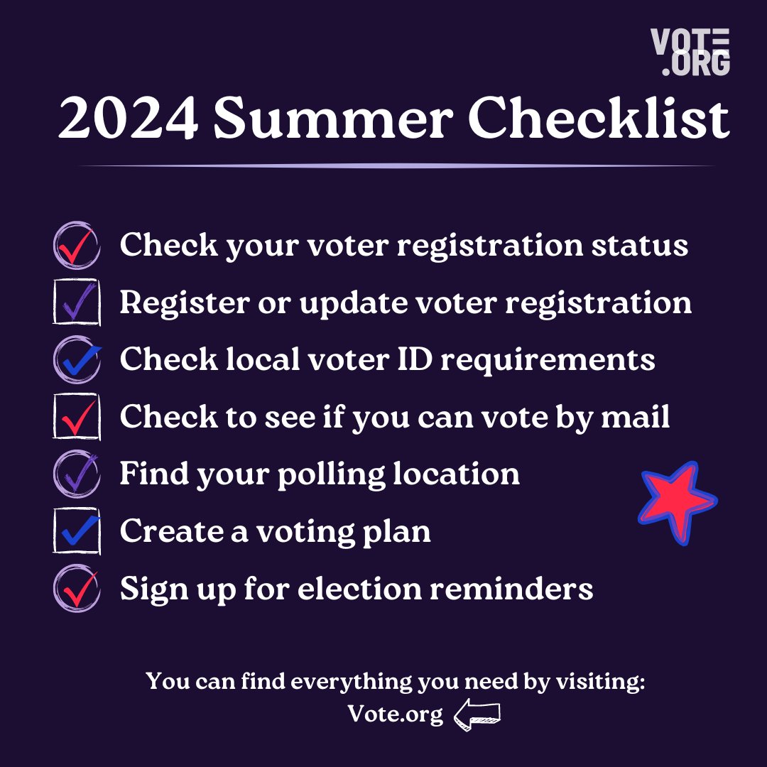 votedotorg's tweet image. Use our handy voter checklist to make sure that you're vote ready for upcoming elections, and share with your friends to make sure that they're vote ready too! Every step counts in making your voice heard.

Visit vote.org to find everything that you need.…