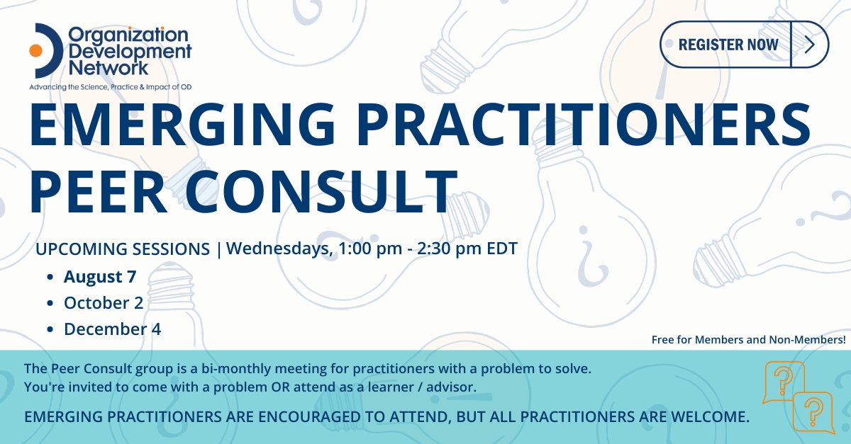 ODNetwork's tweet photo. 🌟 Get ready to tackle your toughest challenges with support from fellow professionals! Whether you need advice, want to share your expertise, or are looking to learn from others' experiences, secure your spot here: https://t.co/vjMGXvVC5U
#PeerConsult #organizationdevelopment https://t.co/FRmgXVlWtG
