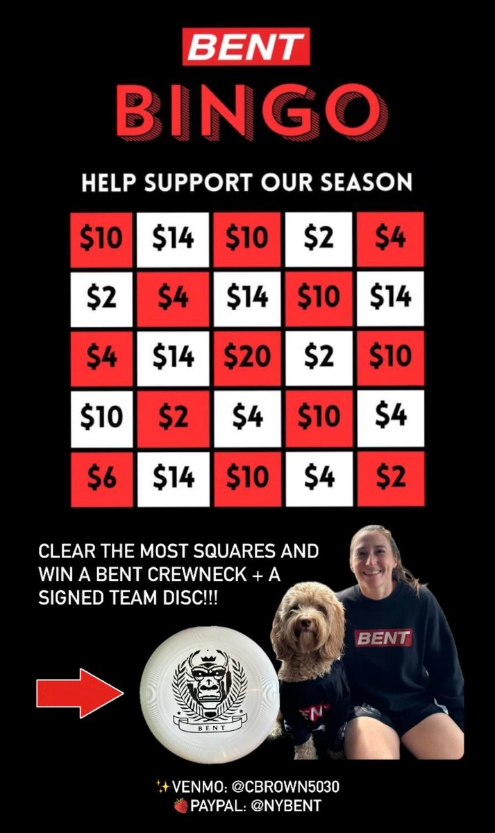 ✨ BENT BINGO ✨

Our team practices a tiered payment structure to offset season costs and ease financial burden on our teammates. Any donation is appreciated to help our season! Please consider helping to clear our team board❤️

🍓VENMO: @ cbrown5030
🍓PAYPAL: @ NYBENT