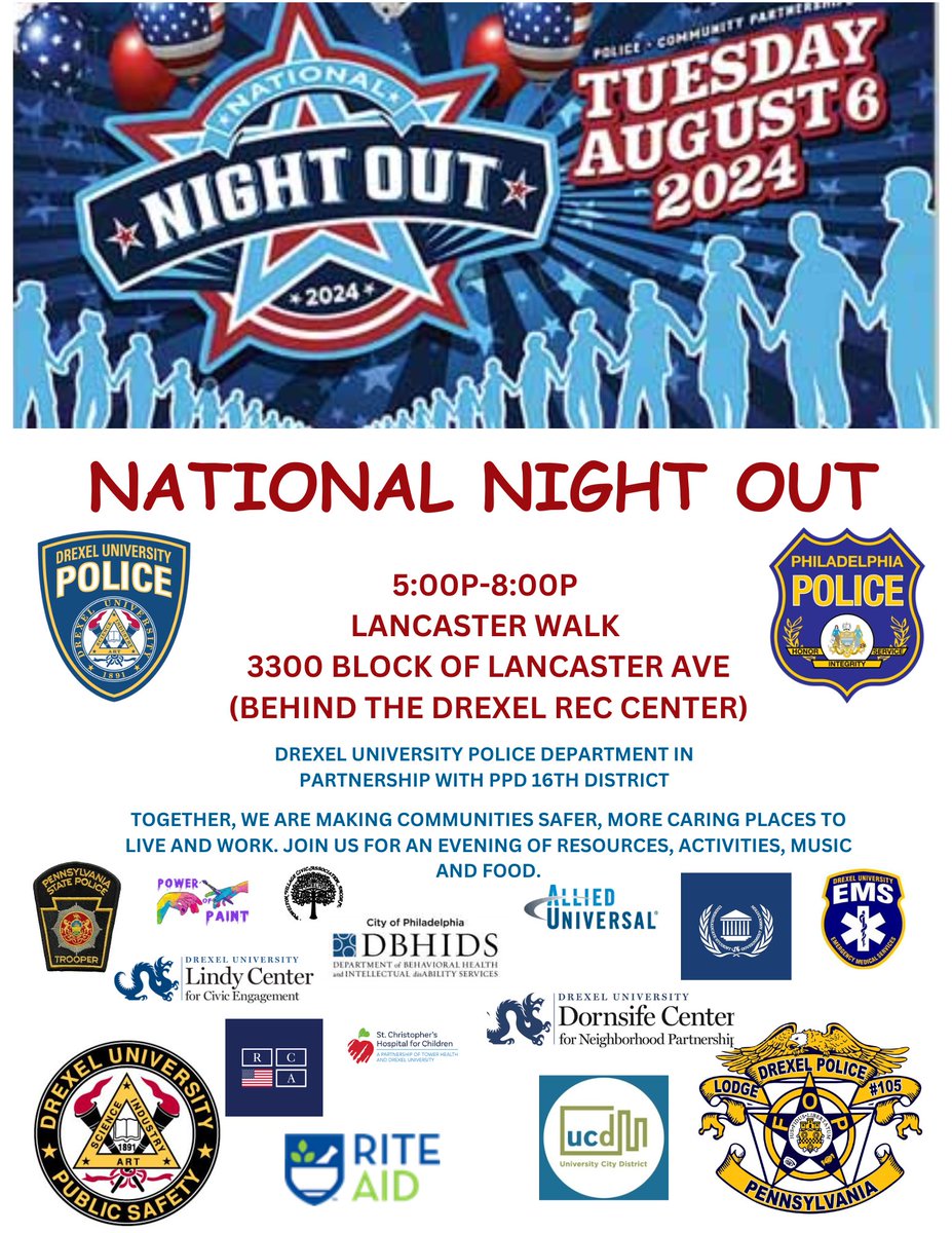 SAVE THE DATE! 📅
Drexel Public Safety is hosting National Night Out on August 6th. Join us for an evening of resources, health screenings, flu shots, giveaways and camaraderie! There will be food and live music! Bring your dancing shoes and the family for a fun evening!