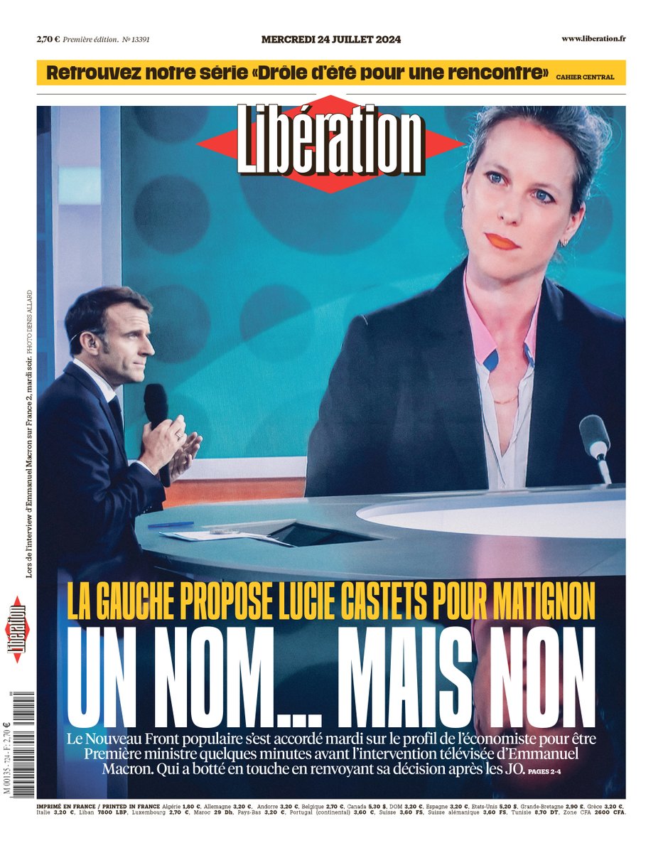 La gauche propose Lucie Castets pour Matignon : un nom... mais non. 

C'est la une de @Libe mercredi.