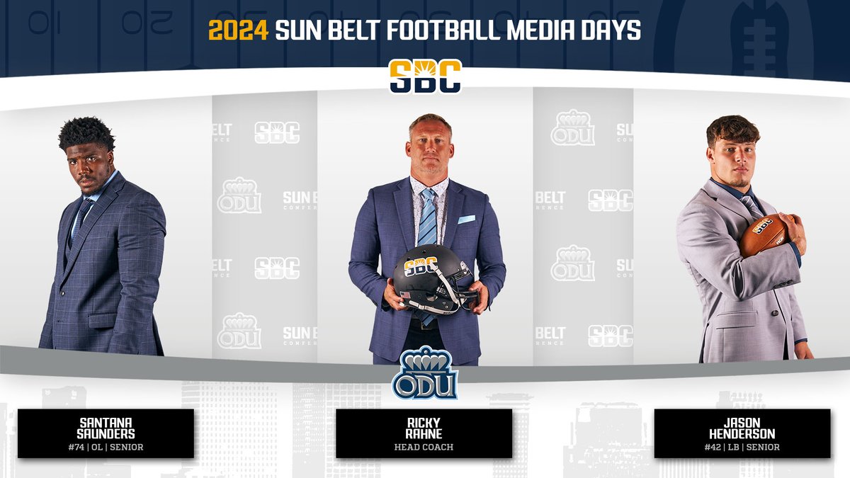 Sun Belt (@sunbelt) on Twitter photo 𝗢𝗟𝗗 𝗗𝗢𝗠𝗜𝗡𝗜𝗢𝗡 𝗢𝗣𝗧𝗜𝗖𝗦.
<a href="/ODUFootball/">ODU Football</a> head coach <a href="/RickyRahne/">Ricky Rahne</a>, <a href="/SS71__/">SANTANA SAUNDERS</a> and <a href="/JasonH_42/">Jason Henderson</a> are making friends with the lenses around #SunBeltFB Media Days. ☀️🏈 𝗢𝗟𝗗 𝗗𝗢𝗠𝗜𝗡𝗜𝗢𝗡 𝗢𝗣𝗧𝗜𝗖𝗦.
<a href="/ODUFootball/">ODU Football</a> head coach <a href="/RickyRahne/">Ricky Rahne</a>, <a href="/SS71__/">SANTANA SAUNDERS</a> and <a href="/JasonH_42/">Jason Henderson</a> are making friends with the lenses around #SunBeltFB Media Days. ☀️🏈
