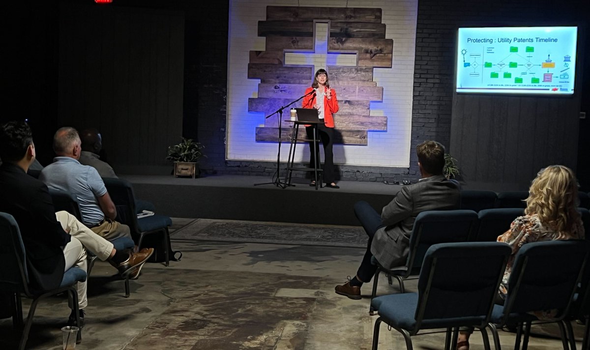 cowboytech's tweet photo. Commercialization officer &amp; patent agent, Amanda Aker, recently presented at an @AdaJobs event in Ada, OK.

Educating organizations and businesses on intellectual property and patents encourages local businesses and their communities to thrive!

#OSUInnovation | #WeAreLandGrant https://t.co/PzIUSF61MM