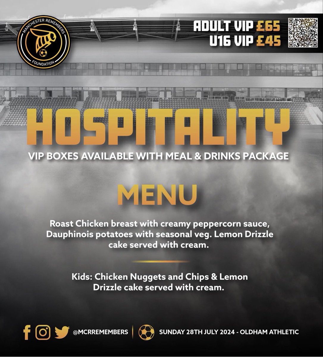 McrRemembers's tweet photo. 🌟 LAST CHANCE FOR HOSPITALITY 🌟

Hospitality bookings close tomorrow at 6pm !

Don’t miss out get the VIP treatment! Enjoy a meal 🍽️ before the event then sit back in your padded seating for the rest of the day! 

 🎟️ **vegetarian option available** 

https://t.co/w69Qvidj6y https://t.co/oMJb5XFDxr