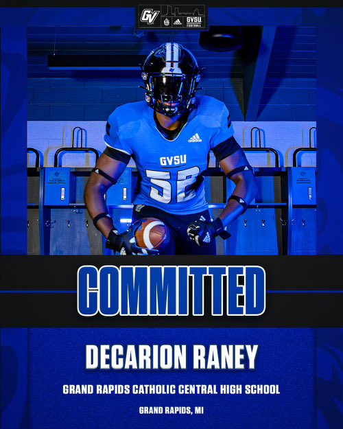 Grand Rapids Catholic Central 2025 DE/OT Decarion Raney has committed to Grand Valley State

football.thedzone.com/players/decari…
