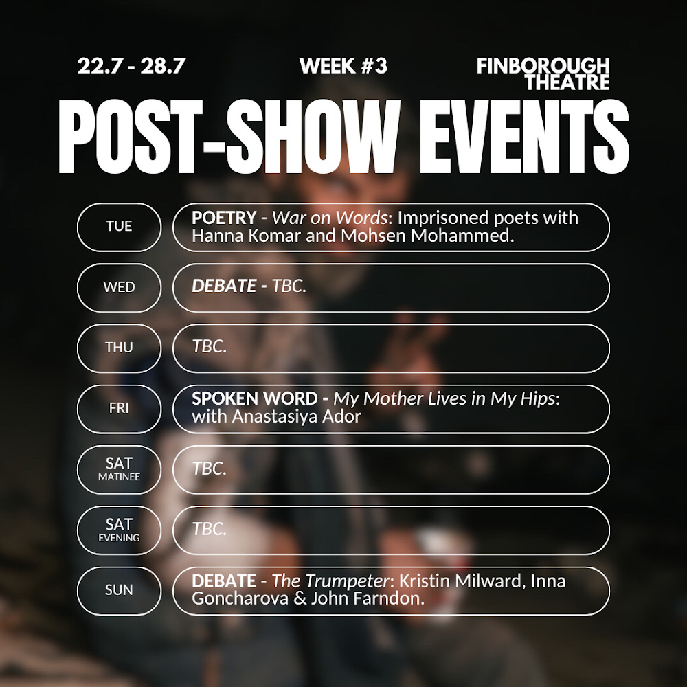 Here are the latest post-show events for the penultimate week of The Trumpeter here at The Finborough! 

Find tickets at finboroughtheatre.co.uk/production/the…  

#LondonTheatre #Fringe #OffWestEnd