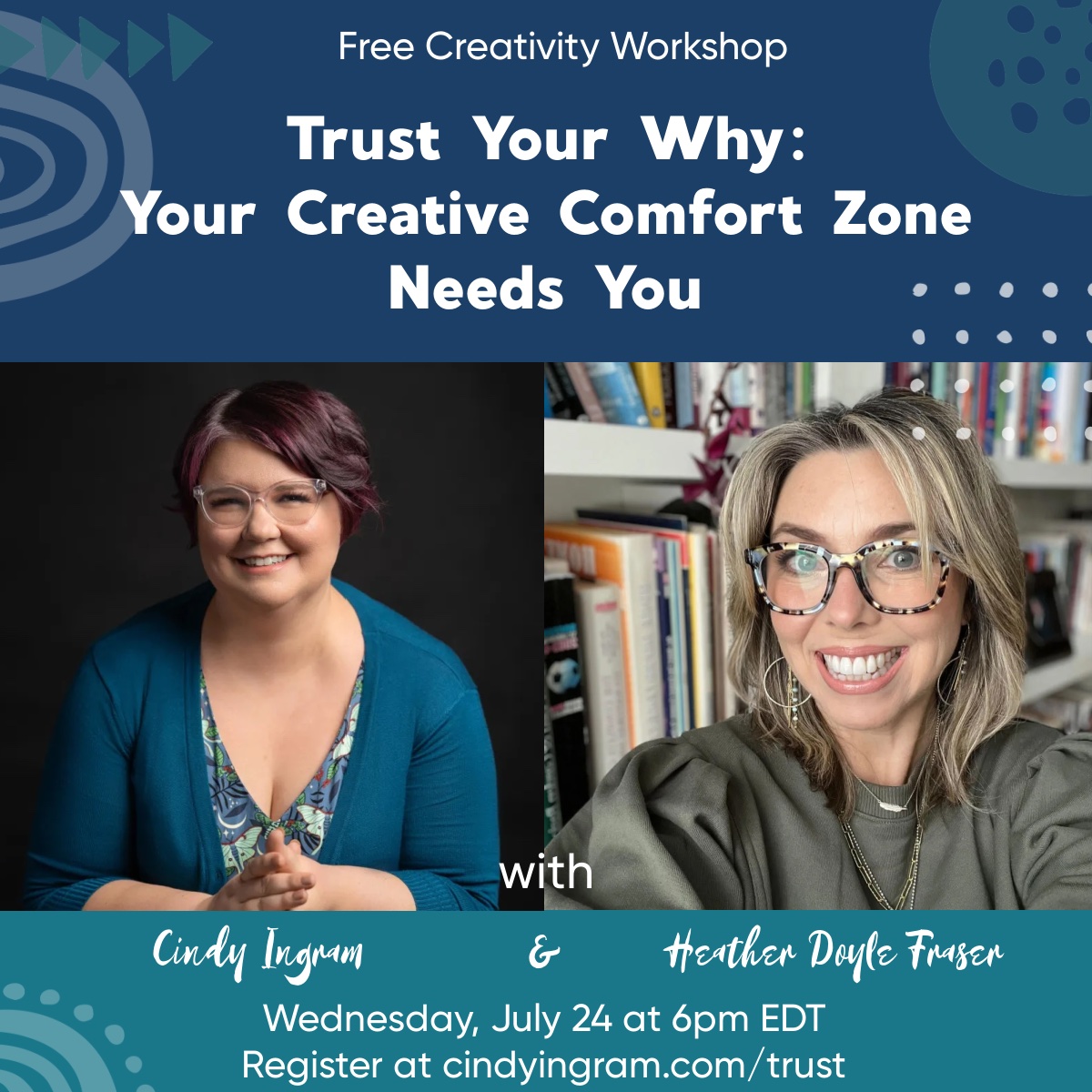 hdoylefraser's tweet photo. Wednesday, July 24,  I am co-leading a free workshop with Cindy Ingram called Trust Your Why: Your Creative Comfort Zone Needs You. 
Have you ever heard that you need to stretch way beyond your comfort zone in order to create? We disagree! 
Register at https://t.co/R0XB2KvUlw https://t.co/Ma8Yv9Hn17