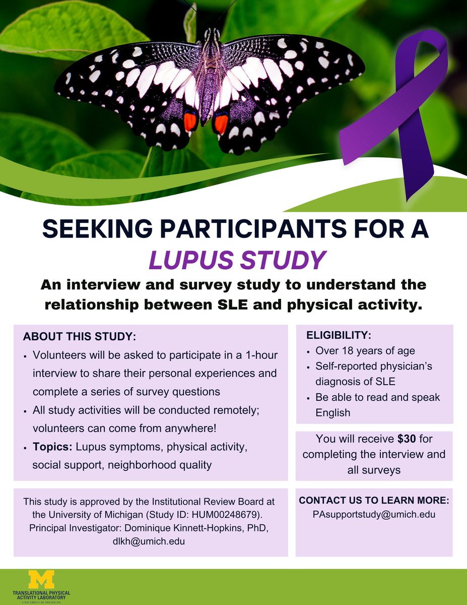 UMTPAL's tweet image. 🚨 #LupusResearch Opportunities!  

We have two new student-led interview studies seeking insight into your experience with #lupus and physical activity and exercise! Check out our flyers below!

#lupus #cardiovasculardisease #research #lupusawareness