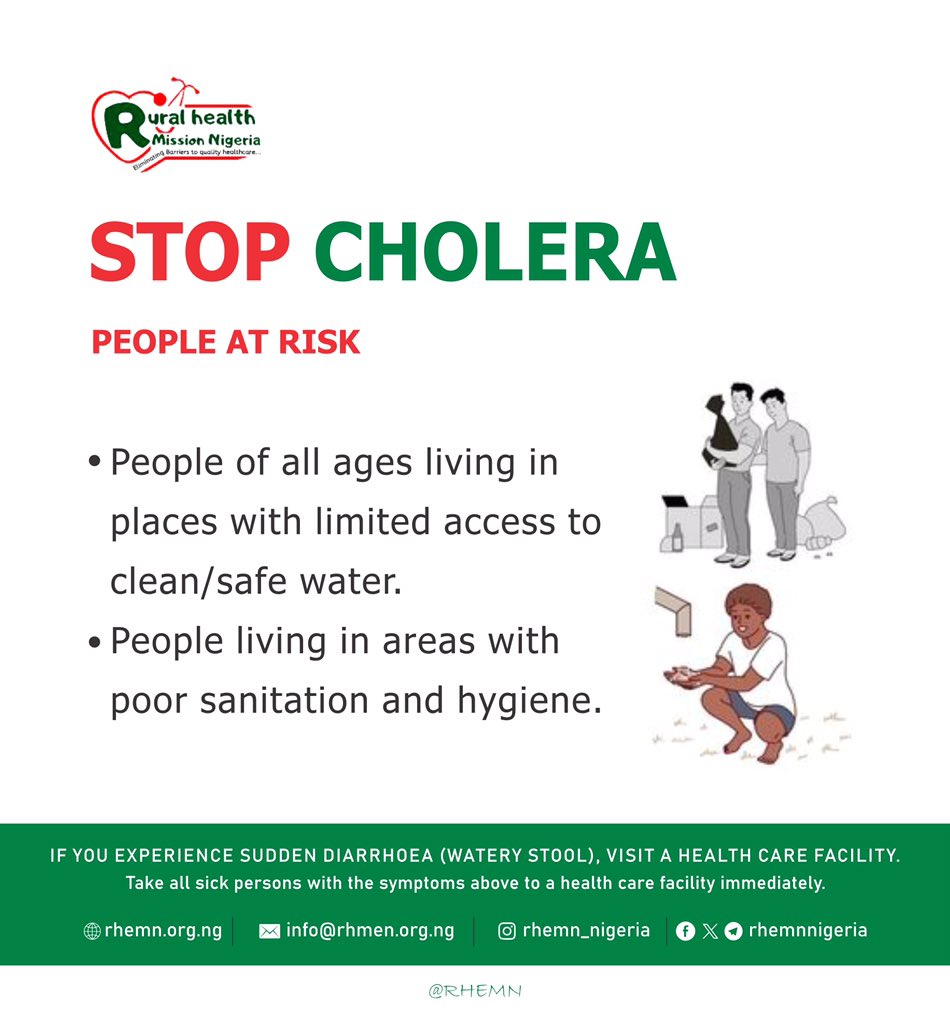 RHEMNNigeria's tweet photo. People of all age groups who live in areas with poor sanitation and hygiene are at higher risk of #cholera infection.

🚫Do not defecate in open areas
🧤Clear your drainages
✅Only drink water from safe sources
✅Dispose of refuse properly in waste disposal sites

#StopCholera https://t.co/xBIOR5Yb6g