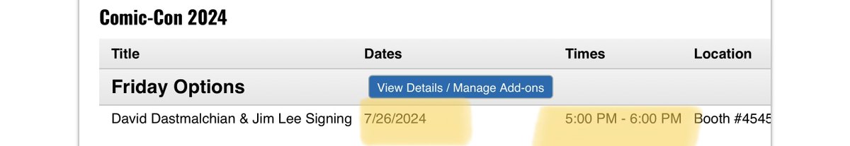 Earptastic1's tweet photo. @SD_Comic_Con David Dastmalchian &amp; Jim Lee signing per your Autograph Signing Schedule for Exclusives Portal, 7/26 shows 9-10am BUT the email I got &amp; when I log into my portal shows 5-6pm 🤷‍♀️ which time is correct? 🤔 https://t.co/tZDhufomnR
