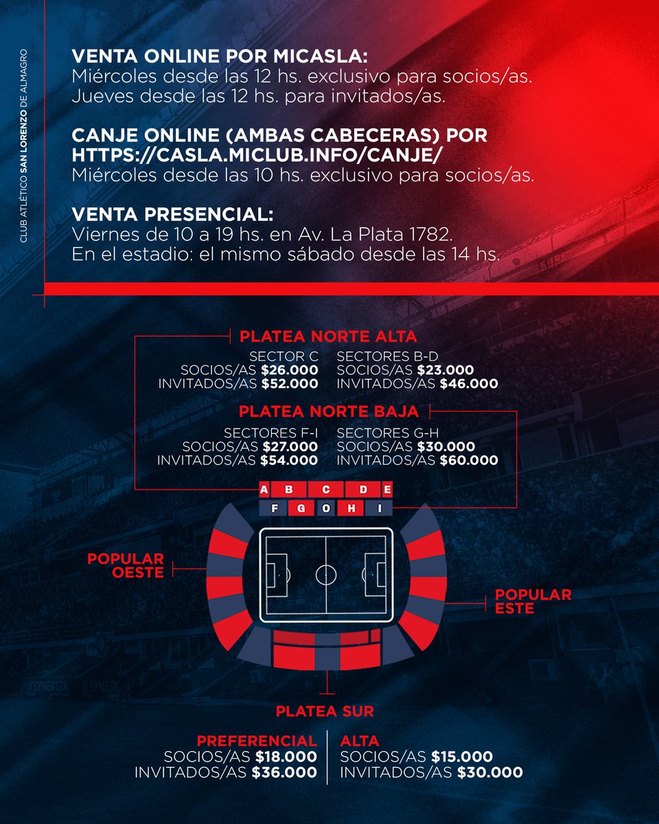 🎟️ Venta de entradas 🆚 Newell's

#SanLorenzo vuelve a jugar en casa: el sábado, desde las 17, recibe a los rosarinos. ¡A copar el Bidegain! 🏟️

✅ Mañana miércoles, desde las 10, será el CANJE DE POPULARES sólo para socios/as, vía online acá: casla.miclub.info/canje/

✅ También