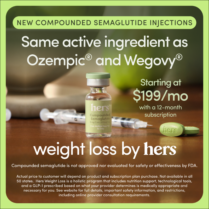 wearehers's tweet photo. Introducing a new way to meet your weight loss goals 🎉 GLP-1 injections from Weight Loss by Hers

Why Hers?
✅ One weekly shot of compounded semaglutide
✅ Treatment plans starting at $199/mo with a 12-mo subscription
✅ Provider support when you need it, 100% online