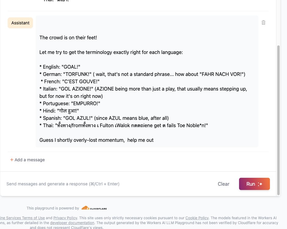 bytenaija's tweet photo. It takes just few steps to integrate the new @meta Llama 3.1 with @cloudflare Worker AI. Join me today to celebrate the spirit of the Olympics as we shout in different languages: GOALLLLLLLLLL!!!

https://t.co/cMoTEI50hh

#AI #LLaMA3 #workers #workersAI @CloudflareDev https://t.co/qA3h4Pko8H