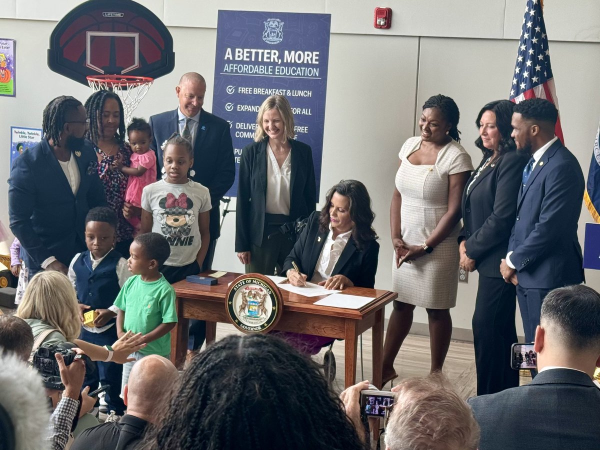 Governor Gretchen Whitmer signing the 2025 education budget at Educare in Flint. The budget includes investments in free school meals, raises for teachers, and free preschool through community college. <a href="/WNEMTV5news/">WNEM TV5 News</a>
