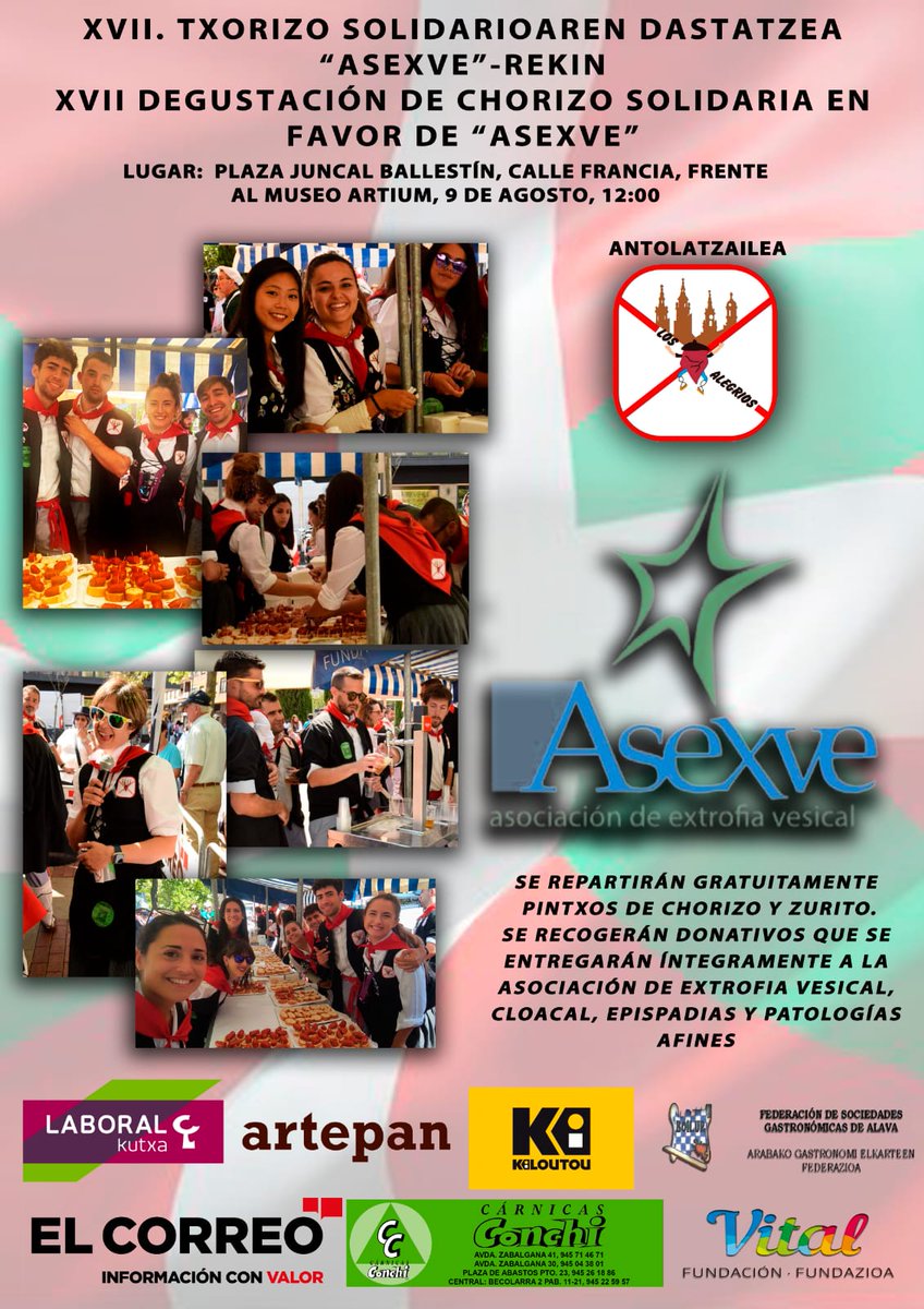 LOSALEGRIOS's tweet image. El 9 de Agosto, a las 12:00 en la Plaza Juncal Ballestín (Calle Francia frente al Artium) haremos nuestra tradicional degustacion solidaria donde repartiremos gratuitamente pintxos de chorizo y recogeremos donativos en beneficio de @asexve