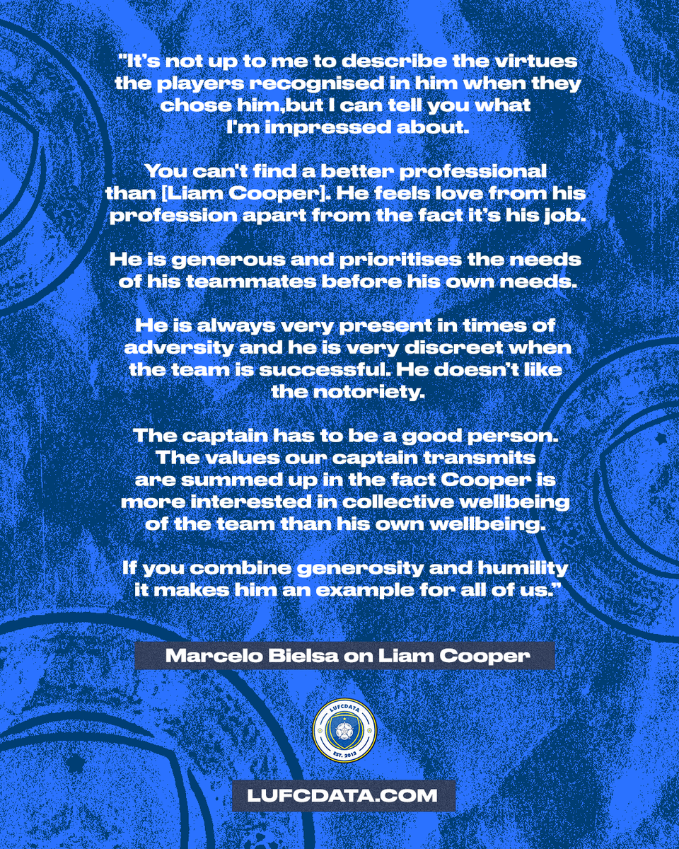 LUFCDATA's tweet photo. This spells the end of Liam Cooper's role as Leeds United club captain. 

No one summed up the man better than Marcelo Bielsa, who heaped praise upon him in 2019. 

No higher recognition than this. He has been a superb title-winning club captain and leader on and off the pitch. https://t.co/cbtW4OXLWf