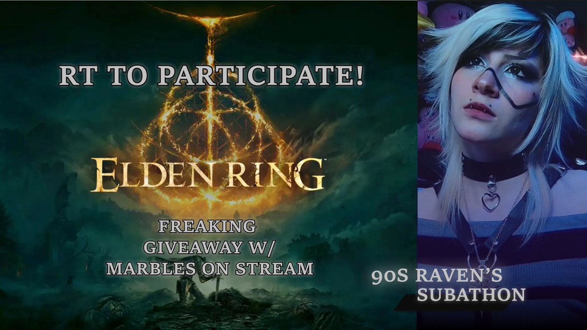 90sRaven_'s tweet image. Thanks to everyone's support we have reached the goal for a Giveaway of Elden Ring!!! 
To participate all you need to do is⚠️RT this tweet ⚠️and be at my stream from 9pm EST! Giveaway will be done by having all chatters participate in a 16 Track Grand Prix on MARBLES ON STREAM,…
