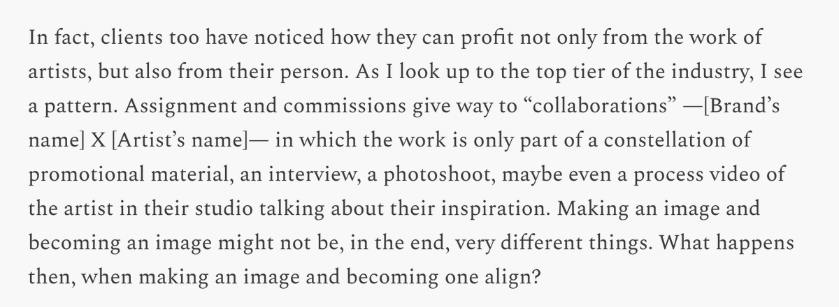 I loved <a href="/JulienPosture/">Julien 👀 Posture</a>’s recent newsletter about hot men making shitty art. I was particularly struck by this aside about the push towards artist-as-influencer &amp; content producer. Definitely something I've been thinking about in the design industry, too... julienposture.substack.com/p/the-wisdom-o…