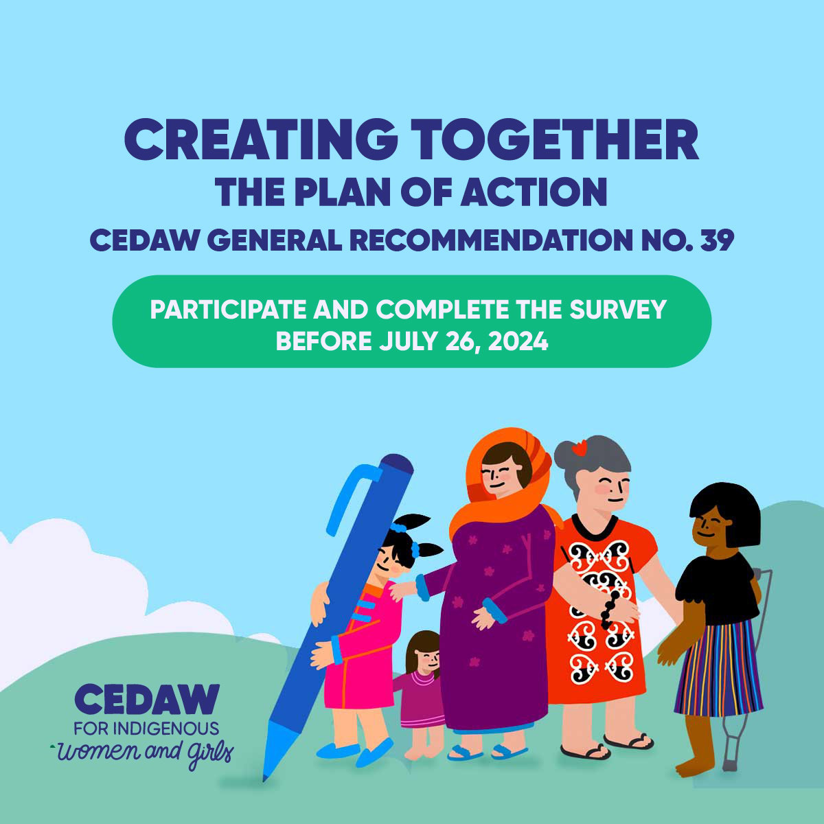 IIWF's tweet photo. 📢 Your voice matters! We are creating the Action Plan for the implementation of CEDAW Recommendation No. 39. Complete the survey by July 26, 2024, and be part of this process.
🔗 https://t.co/Gkj6IKXtgC
#IndigenousWomen #CEDAW #RG39 https://t.co/fh13VhVfOV