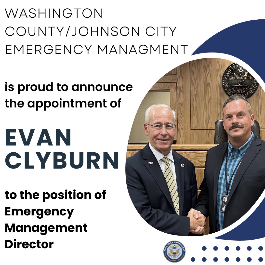 WCJC_EMA's tweet image. Please join us in congratulating Evan Clyburn on his appointment to Emergency Management Director for the Washington County/Johnson City Emergency Management Agency, effective July 22, 2024.