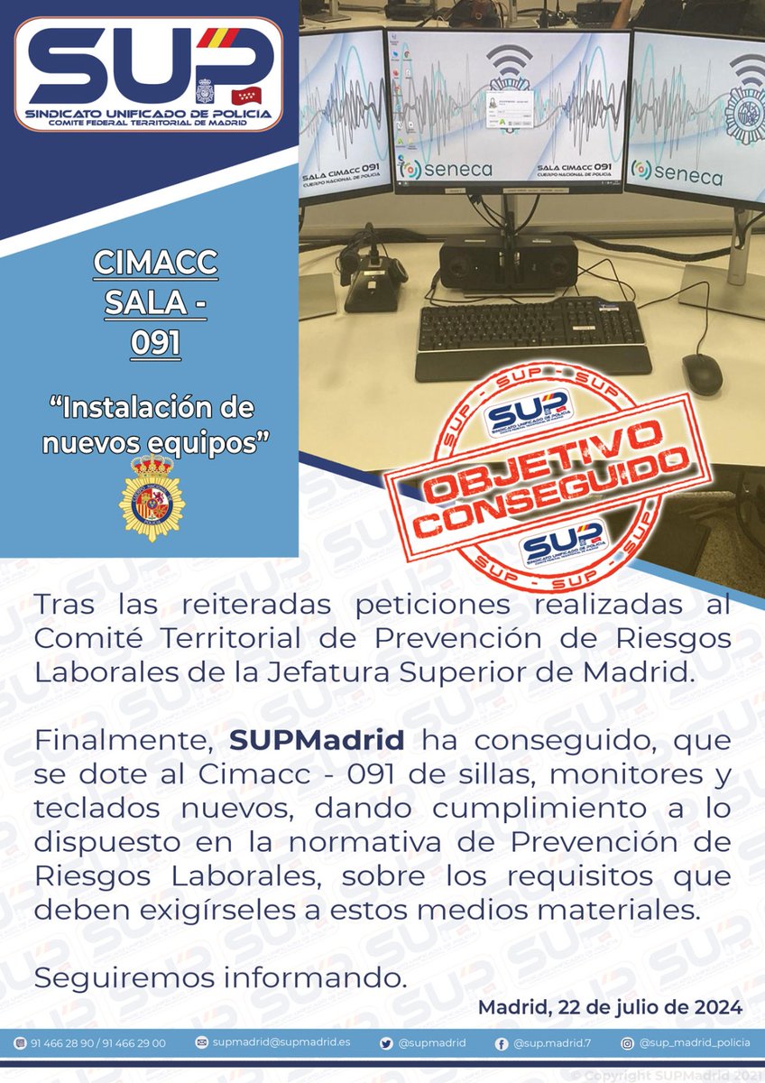 supmadrid's tweet photo. 🎯Sumamos otro #ObjetivoConseguido
📢 Tras solicitarlo en numerosas ocasiones conseguimos se dote al
#CIMACC-091 de #monitores, #teclados y #sillas 👏👏👏
Trabajo serio y responsable
#ContigoEnPrimeraLínea⤵️ https://t.co/tMpYsfyBCw