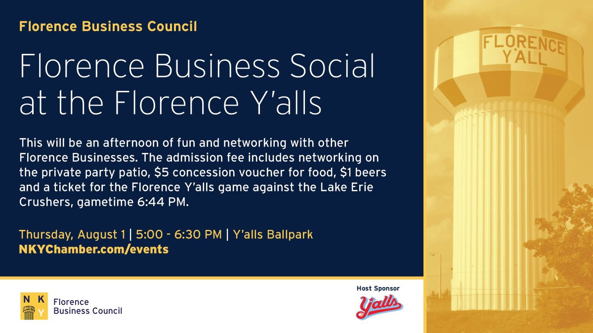 Join us for an afternoon of fun and networking with other Florence Businesses at the Florence Y'alls on August 1! After stopping by the National Night Out event, make your way to catch the Florence Y'alls Game at 6:45 p.m. #NetworkingOpportunity #SupportLocalBusinesses