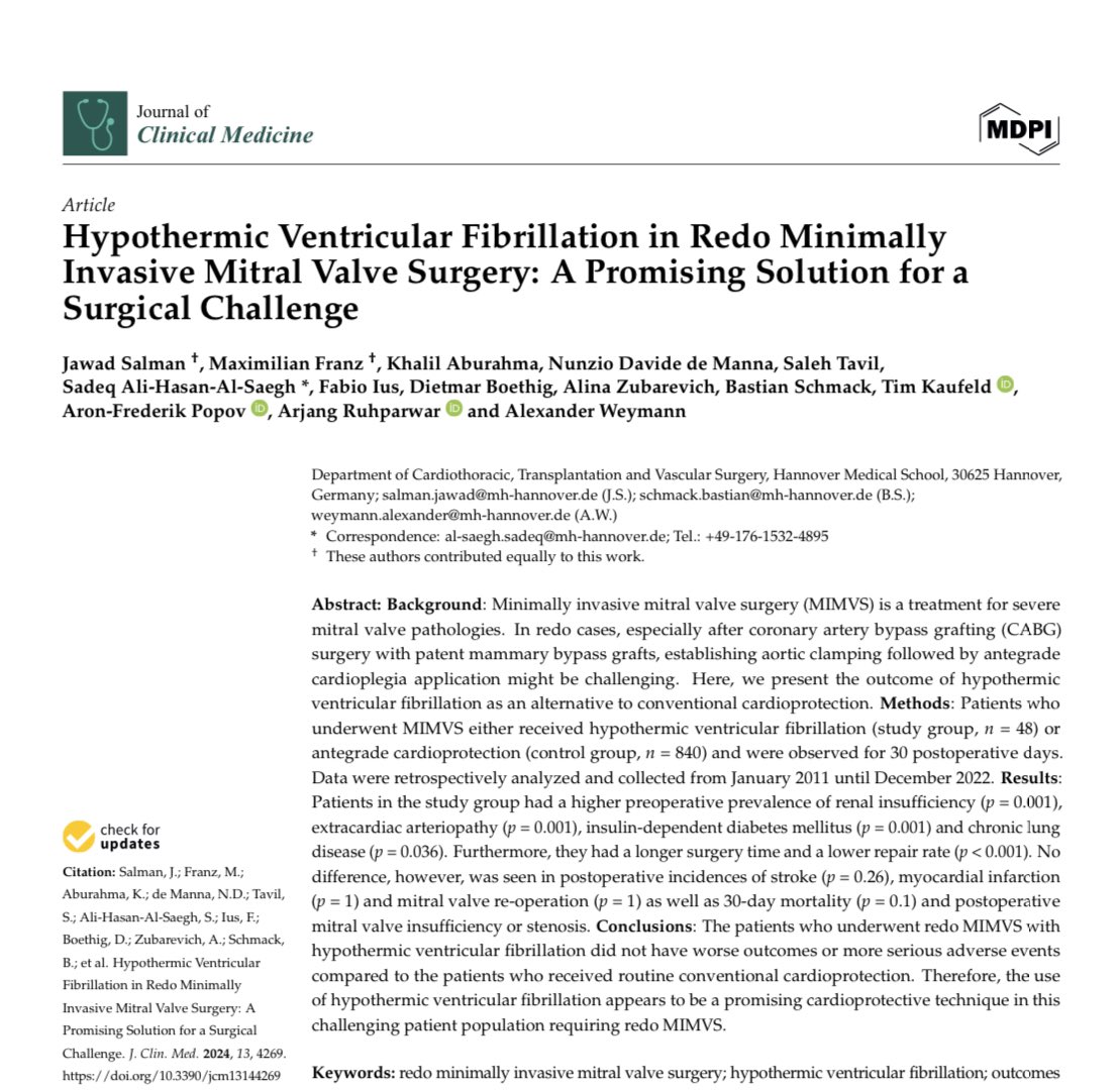 alsaegh_sadeq's tweet photo. 🔥🔥🔥Top Article from mitral valve Programm MHH Hannover 🫀🫀🫀

🔥🔥🔥Read our new interesting results

🧩A Promising Solution for a Surgical Challenge
#ventricular fibrillation #arrhythmia #mitralvalve #mitral #mitralklappe #minimally invasive #minimalinvasive #cardiac surgery https://t.co/5wKrmtRyrs