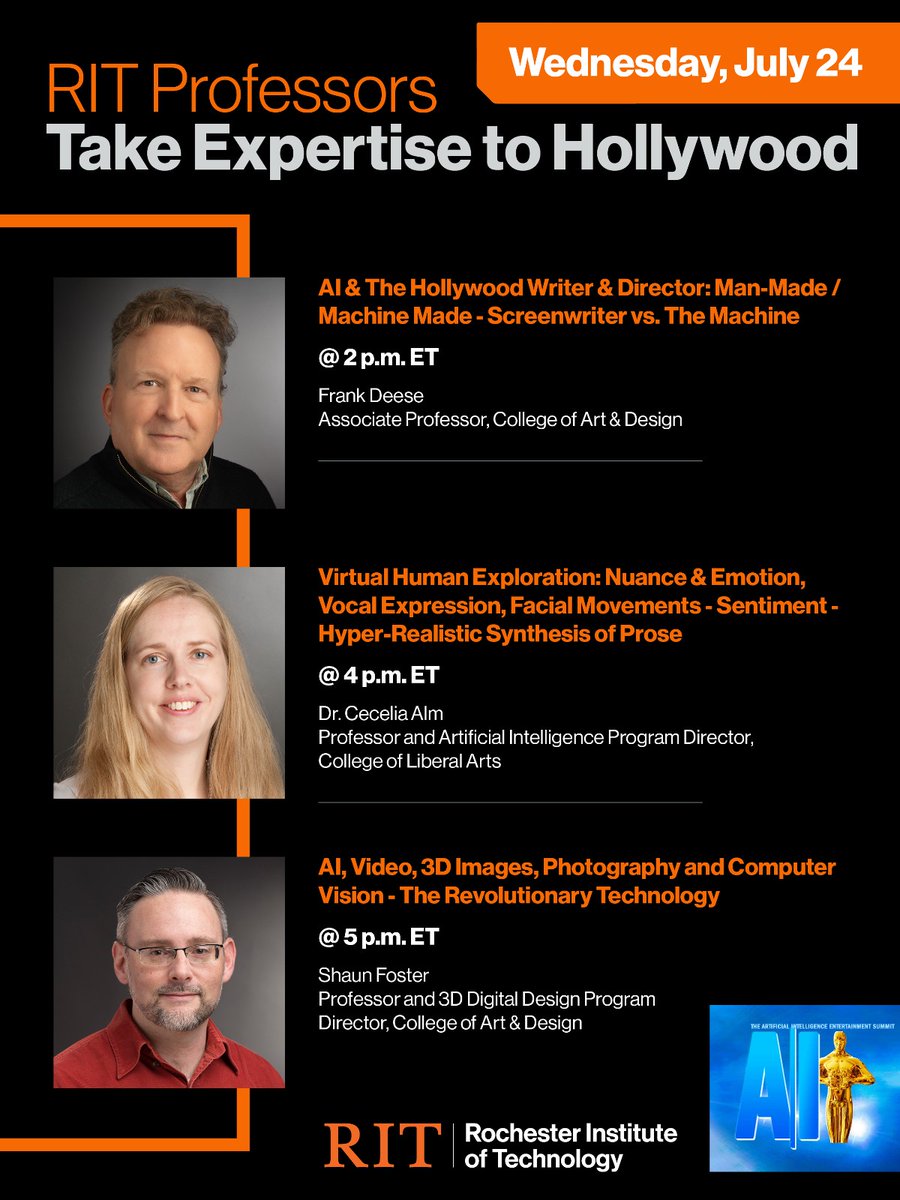 RITtigers's tweet photo. #RIT professors from @rit_artdesign and @rit_LiberalArts are taking their expertise to Hollywood during the virtual Summit on Artificial Intelligence! #AI 

Registration is free and open! https://t.co/AxZLvg0hVO https://t.co/CbtOyd3cps