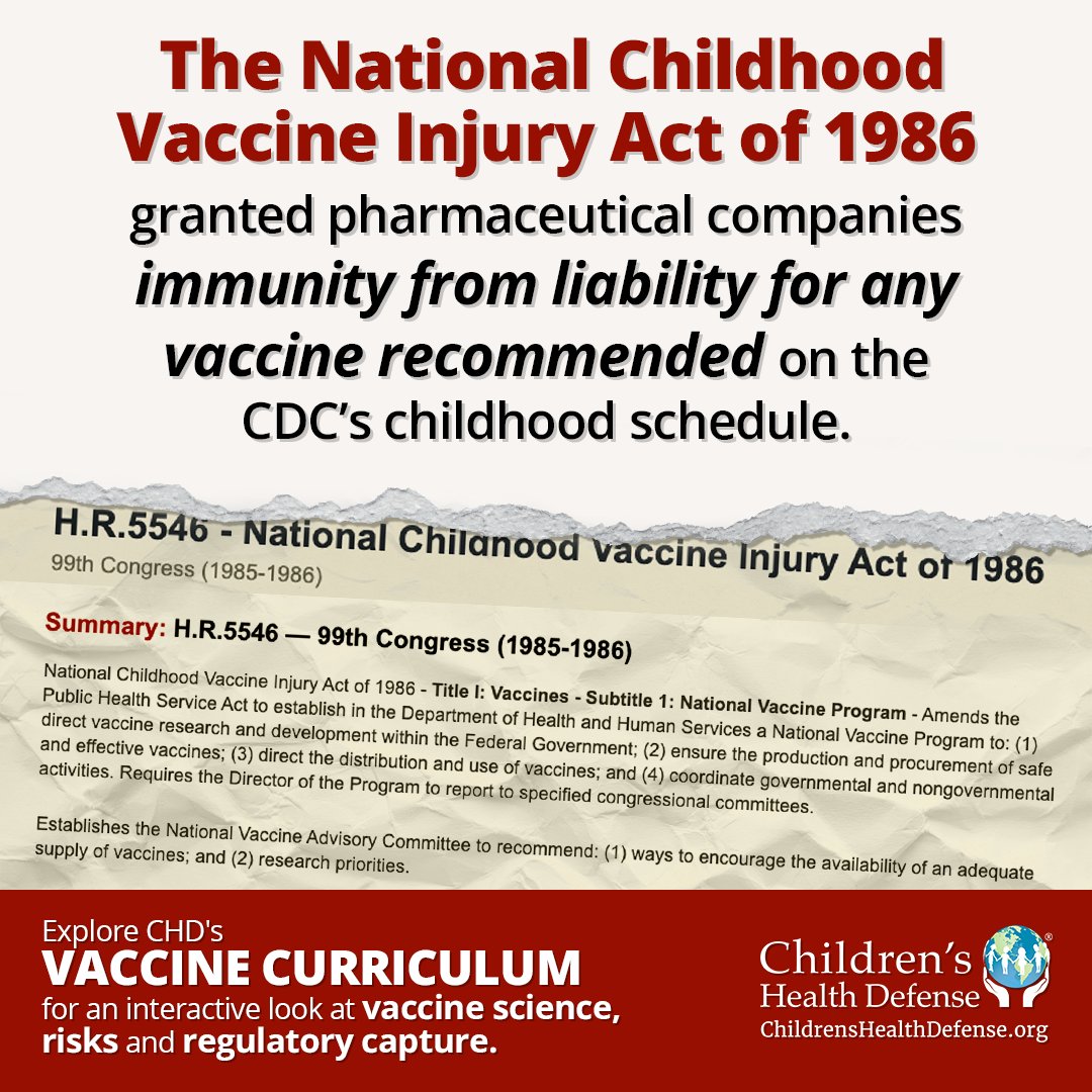 ChildrensHD's tweet photo. When children are harmed by products such as faulty car seats, contaminated baby food, or over-the-counter drugs, the manufacturers are liable to compensate for their injuries.

Why is this standard different for vaccines?

CHD exposes the corruption ⬇️
https://t.co/2frmlcqfya https://t.co/2vfyXyF7Vu