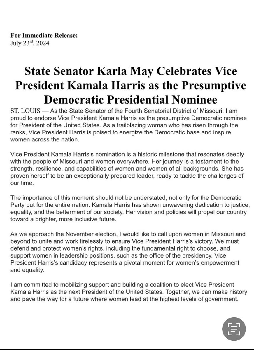 As a candidate for The U.S. Senate I proudly endorse Kamala Harris for President &amp; I am excited about her ability to be the fresh voice people have been waiting for as she presents a clear vision for the future #mosen