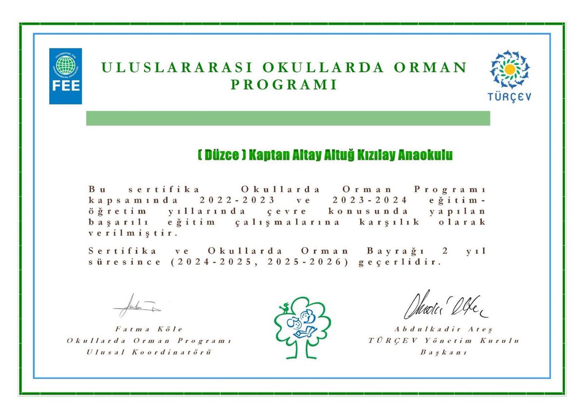 nurayeranturedi's tweet photo. Orman Bayrağı Ödülü🍀💚
“Okullarda Orman Programı” hedeflerimizi başarıyla tamamladık ve “Kahverengi Bayrak” ödülünü almaya hak kazandık.
#OkullardaOrman #LearningAboutForest #Türçev #çevreeğitimi #okulöncesiçevreeğitimi #kahverengibayrak #Ormanbayrağı #enviromentaleducation https://t.co/LXqC0xL291