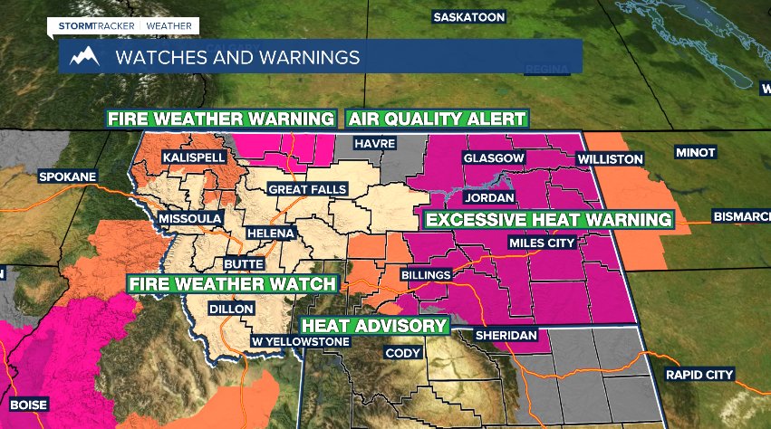 JasonStiff's tweet photo. Advisories, Watches &amp; Warnings for heat, smoke &amp; fire danger all over Montana &amp; Wyoming this week! It will be hotter #Wednesday than today!

#Montana #Billings #Q2 #KTVQ #MTN #Wyoming #sun #heat #heatdanger #staycool #smoke #fire #firedanger #Tuesday #weather #wx #mtwx #wywx https://t.co/VhxTzly6zX