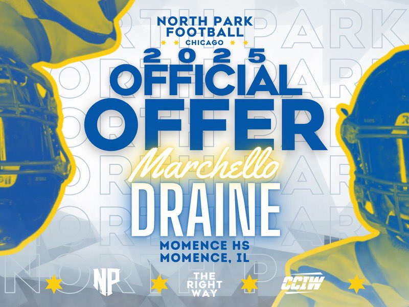 After a great conversation with <a href="/NPUFootball/">North Park Football</a> coaching staff, I’m blessed to receive my first offer <a href="/CoachRook/">Kyle Rooker</a> <a href="/CoachStapf/">Coach Stapf</a> <a href="/CoachMattKeith/">Matthew Keith</a> Go Vikings🔵🟡#TheRightWay