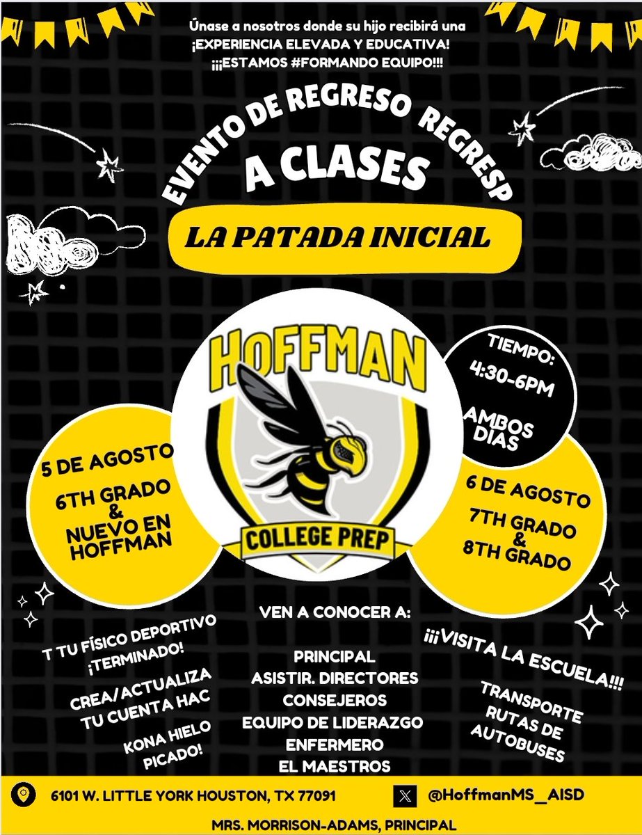 Hoffman College Prep (@hoffmanms_aisd) on Twitter photo 📣📣📣HORNET NATIONNNNN!!!! We can't wait to see you at our BACK TO SCHOOL KICKOFF!
Nacion Avispon!!!!! Estamos ansiosos por verte en nuestro INCIO REGRESO A CLASES!!!
#TEAMINGUP #TeamOne #HornetNationKickoff <a href="/JeanaMAdams/">Jeana Morrison Adams</a> <a href="/DrCrystalWatson/">Crystal Watson, Ed.D. Proud Grambling State Alumni</a> <a href="/AldineISD/">Aldine ISD</a> 📣📣📣HORNET NATIONNNNN!!!! We can't wait to see you at our BACK TO SCHOOL KICKOFF!
Nacion Avispon!!!!! Estamos ansiosos por verte en nuestro INCIO REGRESO A CLASES!!!
#TEAMINGUP #TeamOne #HornetNationKickoff <a href="/JeanaMAdams/">Jeana Morrison Adams</a> <a href="/DrCrystalWatson/">Crystal Watson, Ed.D. Proud Grambling State Alumni</a> <a href="/AldineISD/">Aldine ISD</a>