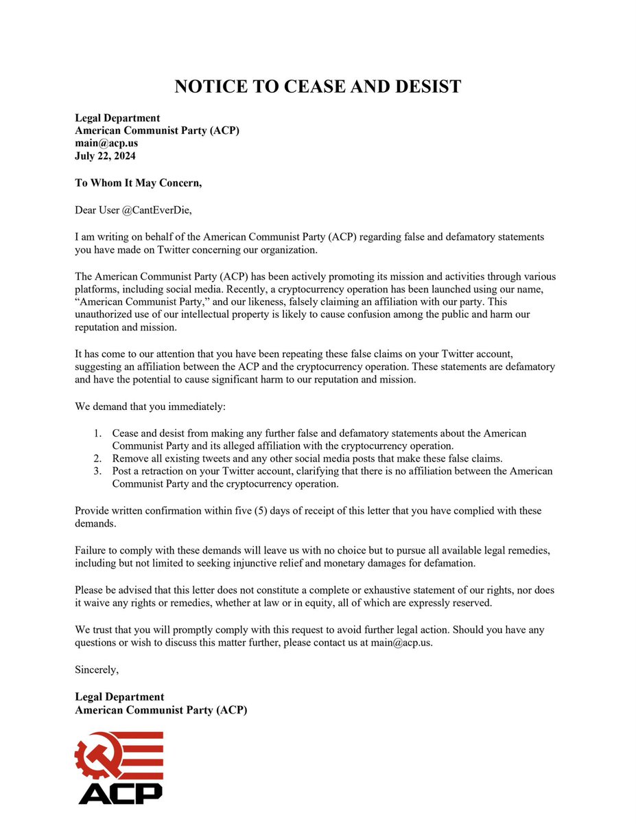 CantEverDie's tweet image. turns out that the “american communist party” is not associated with a crypto scam.  this party has a legal team to send out cease and desists which genuinely made me laugh receiving the letter.  jackson hinkle and haz are two of the founding members.  they’re crypto fascists