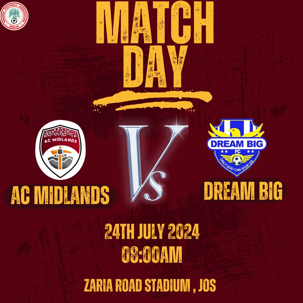 WeAreACMidlands's tweet photo. 🔥 Game Day Alert! 🔥 Tomorrow, we take on Dream Big FC in  Zarai Road Stadium Jos.💪⚽️ #MidlandsPride #DreamBigClash https://t.co/PBJmMSKVrl