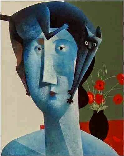 Peter Harskamp, artista neerlandesa nacida en 1951.
"Gato azul", año 2014.
Óleo sobre lienzo, 79.5 × 59.5 cm.
Colección privada.