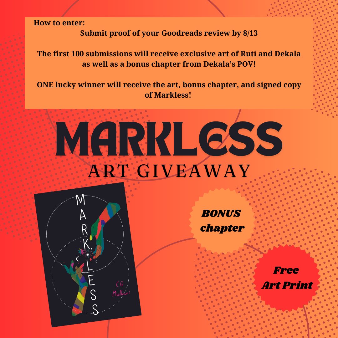 We’re doing this amazing giveaway for MARKLESS! Just submit a review for the book and you can get a bonus chapter, exclusive art, PLUS one winner will get a signed copy of the book!! Enter here: docs.google.com/forms/d/e/1FAI…