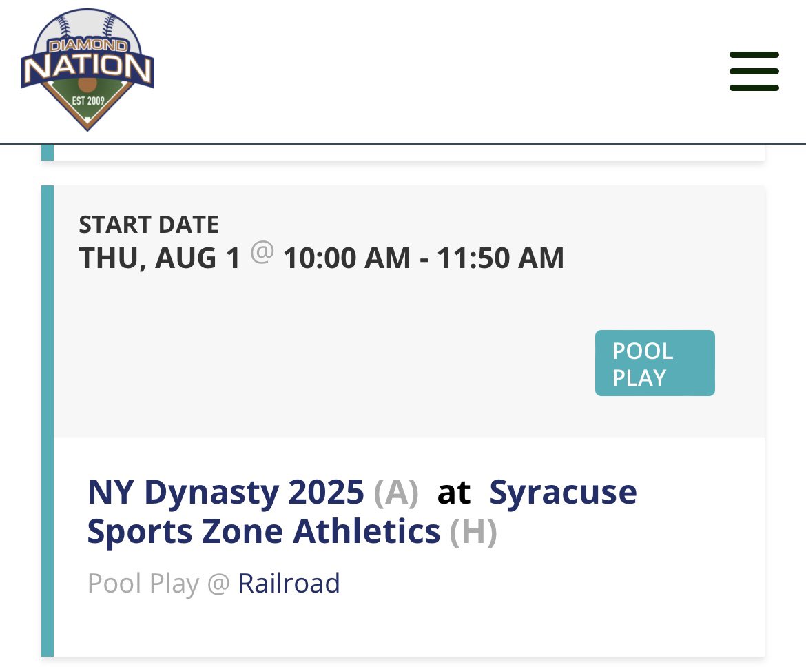 I will be playing in Diamond Nation in the Blue chip prospects tournament next Monday through Thursday. My schedule for the week is below!
<a href="/SZ_Recruits/">Syracuse Sports Zone Recruits</a> <a href="/NU_Bsb_Recruits/">Northeastern Baseball Recruiting & Analytics</a> <a href="/hurba19/">Ryan Hurba</a> <a href="/PuccioNick/">Nick Puccio</a> <a href="/FritzHamburg7/">Fritz Hamburg</a> <a href="/Jason_A_Rathbun/">Coach Razz</a> <a href="/nmulb/">Nate Mulberg</a> <a href="/landu0909/">Scott Landers</a> <a href="/JMUBaseball/">JMU Baseball</a>