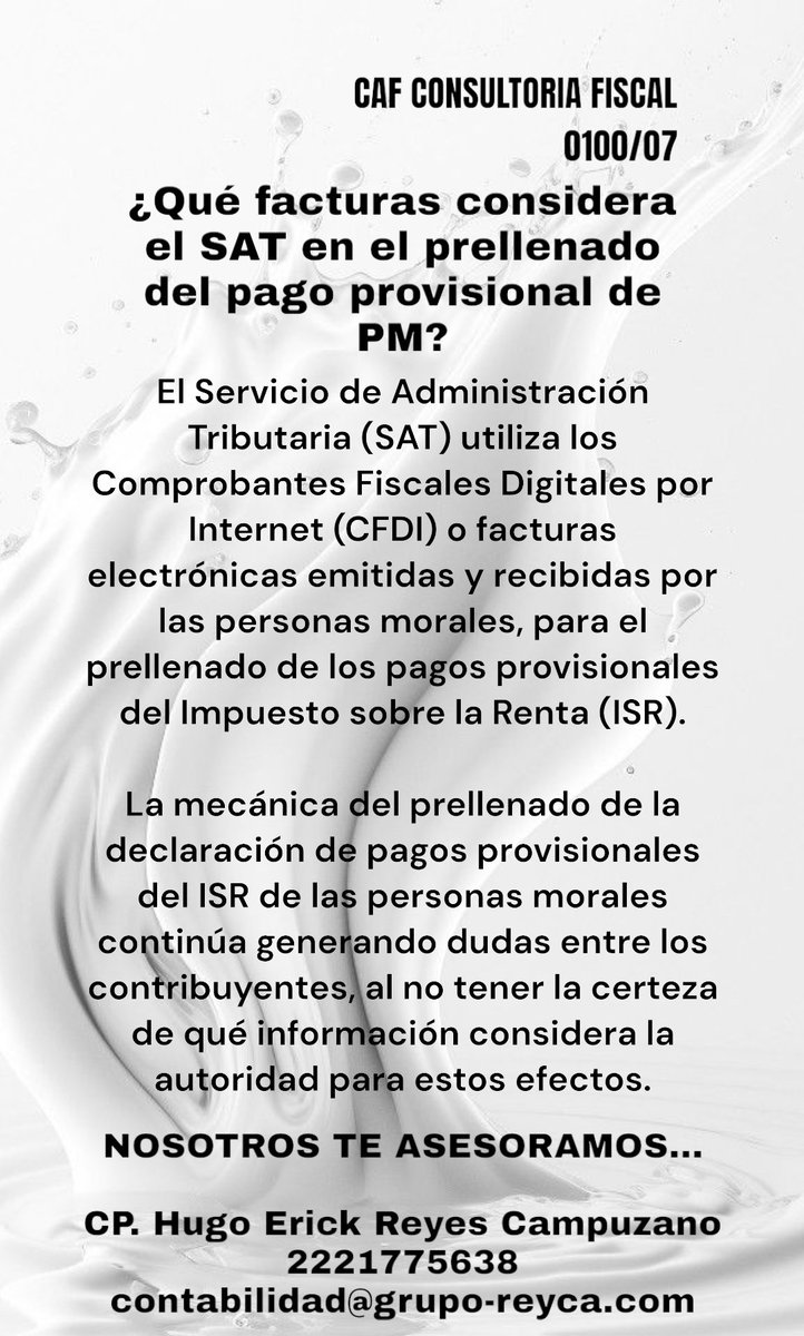 ReycaAgua's tweet photo. NOSOTROS TE ASESORAMOS
CP. Hugo Erick Reyes Campuzano
2221775638
contabilidad@grupo-reyca.com https://t.co/kIm4wPfCYf
