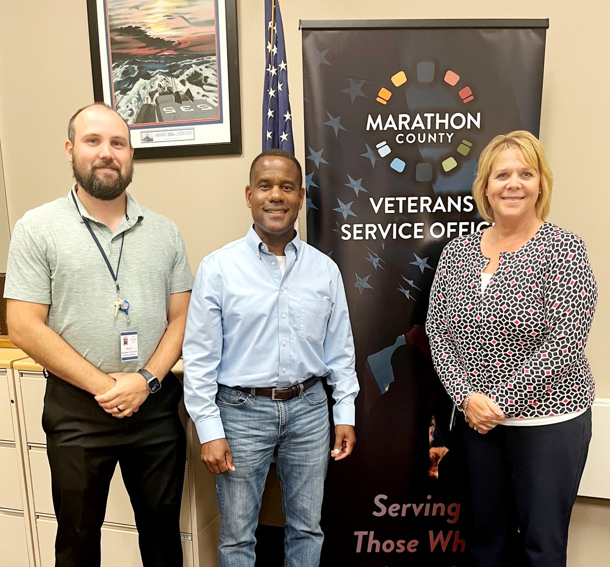 WisVets's tweet photo. During his travels this week, WDVA Secretary-designee James Bond stopped in Marathon County to thank the CVSOs for all they do for veterans. Pictured below is (L to R) Marathon County Assistant CVSO, Aaron Galindo, Secretary Bond, and Jill Geoffroy CVSO. #CVSO #ThankYou #WisVets https://t.co/XpdobyMVz0
