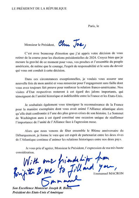 🇫🇷🚨French President <a href="/EmmanuelMacron/">Emmanuel Macron</a> has penned a heartfelt letter to 🇺🇸US President <a href="/JoeBiden/">Joe Biden</a> following his resignation as the Democratic Candidate for the 2024 Presidential election:

————

Dear Mr. President, Dear Joe, 

It was with great emotion that I learned of your