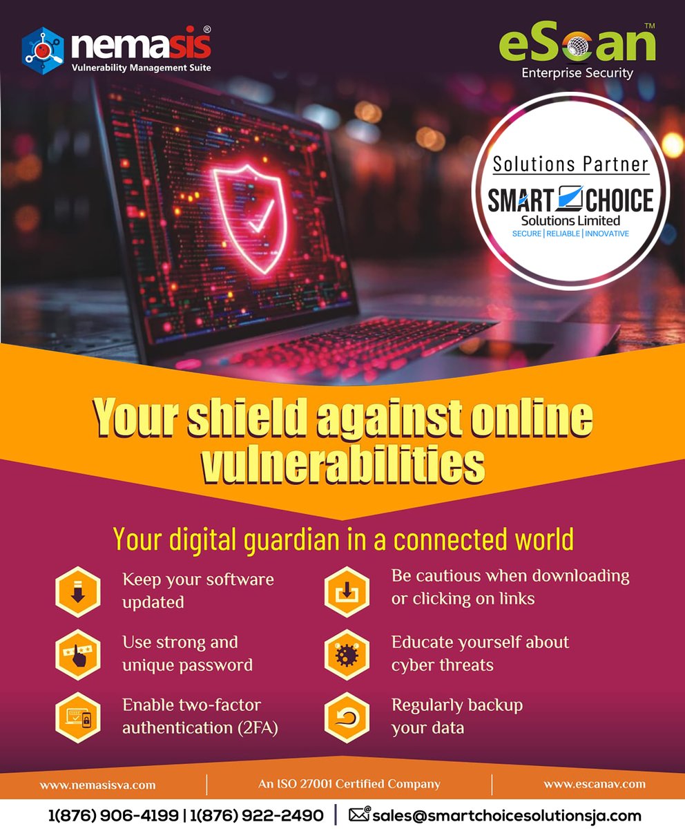 SMARTCHOICEJM's tweet image. eScan and Nemasis are two brands developed by MicroWorld to provide comprehensive information security solutions. #escan #nemesis #cybersecurity #CybersecurityAwareness #informationsecurity #riskmanagement #antivirus #AntiSpam #Apple #WhatsApp #AntiSpyware #PreventionTips