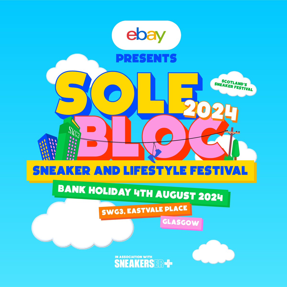 SneakersER's tweet photo. eBay presents . . .

SOLE BLOC Sneaker Festival

SWG3 Complex, Glasgow 

SUNDAY 4th August (Bank Holiday)

Sneakers, clothing, football shirts, kids zone, workshop, street food, beers, DJ’s

https://t.co/SJ2pv4SVUP https://t.co/XLJ8pVC8kt